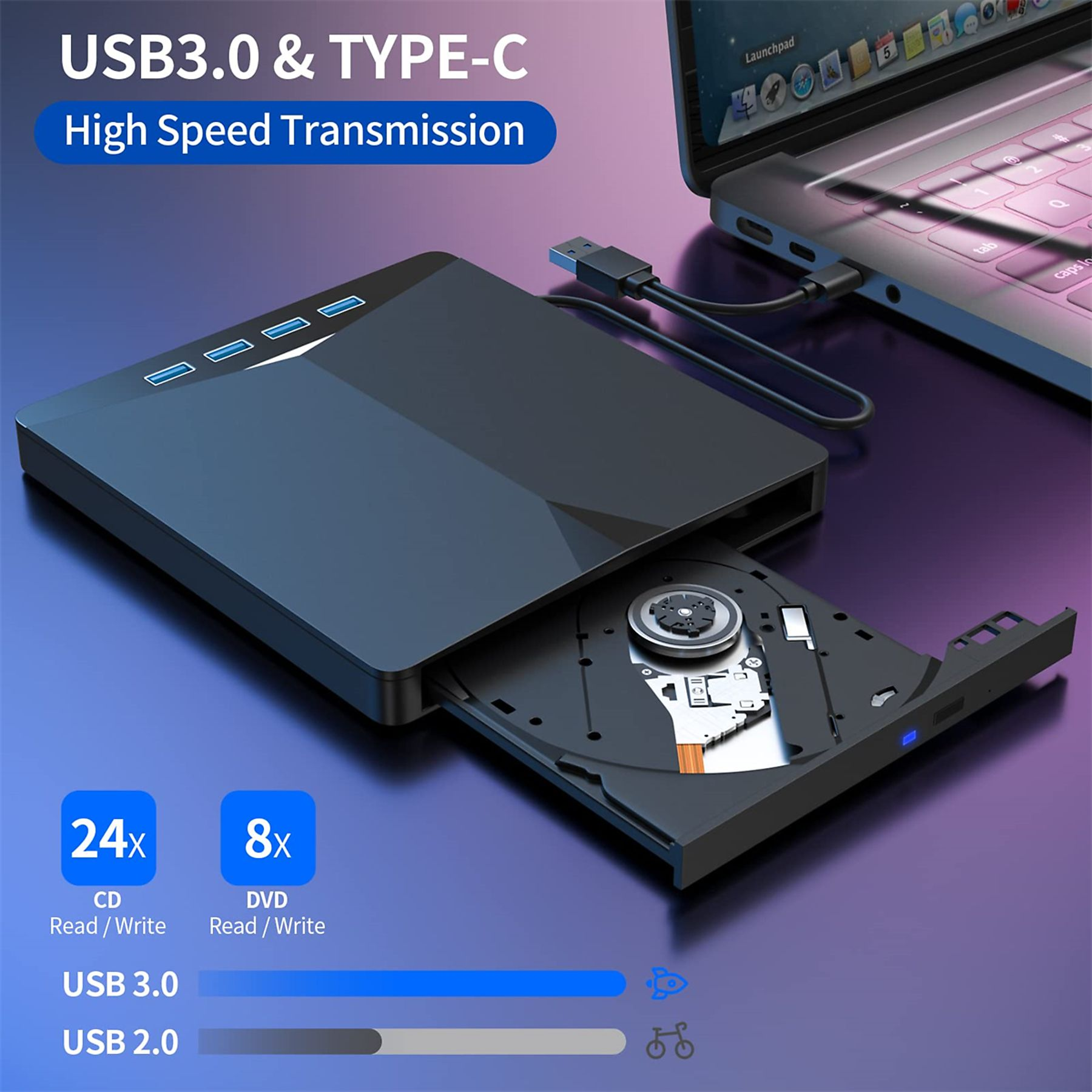 Schwarzes CD/DVD-Laufwerk mit USB 3.0- und Typ-C-Anschlüssen. Eine CD ist sichtbar. USB 3.0- und 2.0-Geschwindigkeitsanzeigen werden angezeigt.