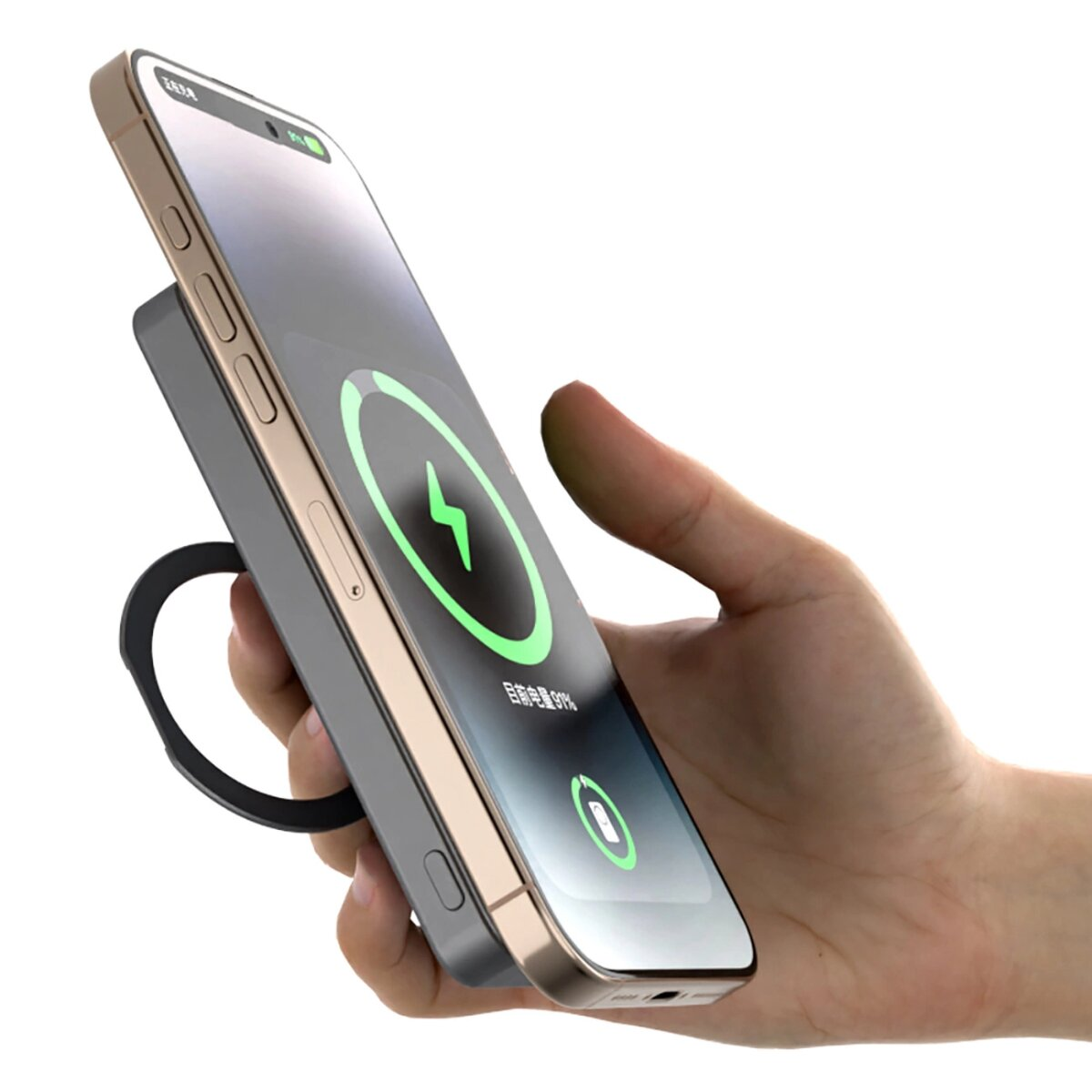 Ręka trzymająca ładujący się telefon. Telefon jest podłączony do power banku. Ekran telefonu wyświetla logo baterii.