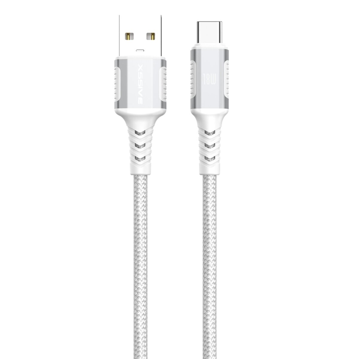 Zwei weiße USB-zu-USB-C-Kabel. Sie sind weiß mit strukturierter Ummantelung und silbernen Steckern.