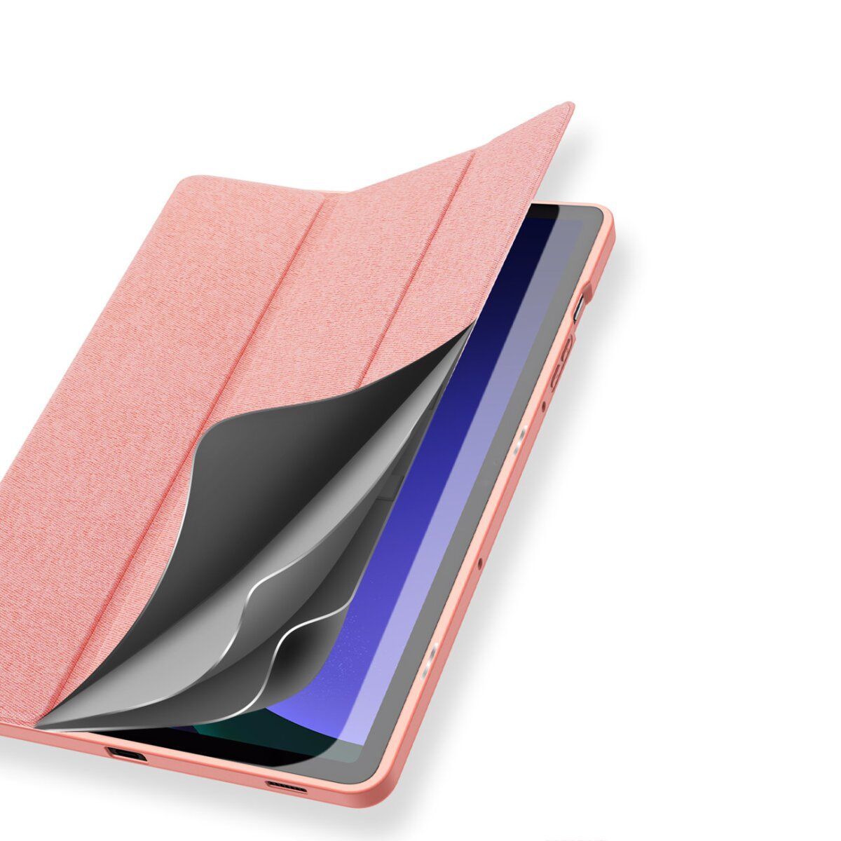 Geöffnete rosa Tablet-Hülle zeigt Schutzschichten für das Tablet.