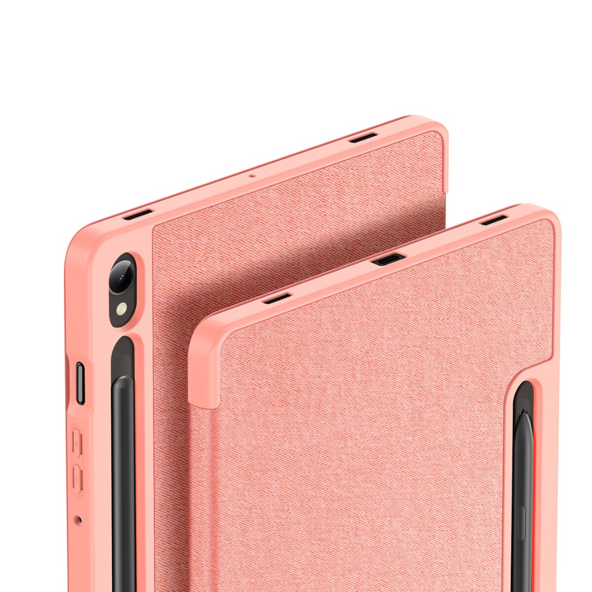 Zwei rosa Tablet-Hüllen, eine mit Stifthalter und die andere geschlossen. Die Hüllen nebeneinander.