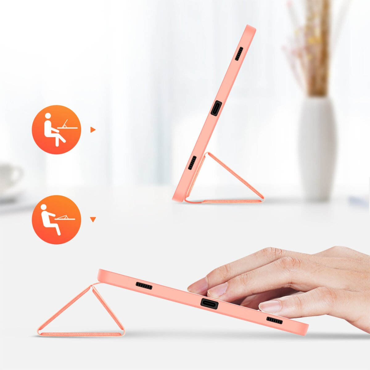Ein rosa Tablet in einem Gehäuse wird in zwei Positionen gezeigt, mit Händen, die mit dem Gehäuse interagieren.