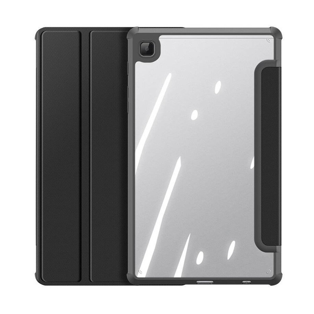 Custodia per tablet nera aperta, che mostra il retro trasparente. La custodia è su sfondo bianco.