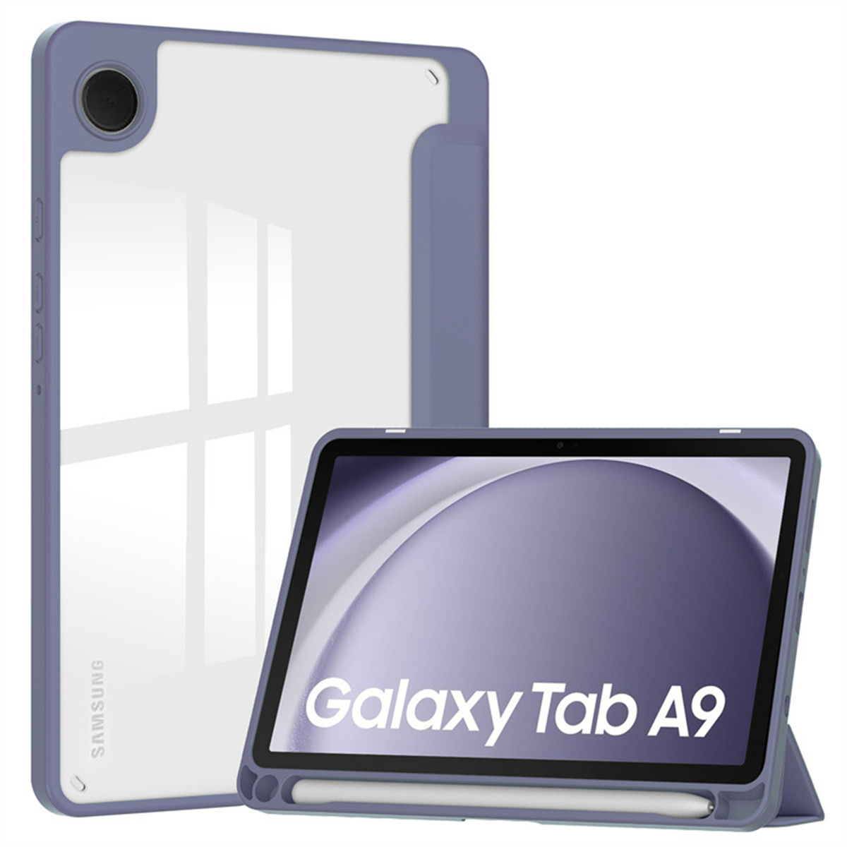 Zwei lavendelfarbene Samsung Galaxy Tab A9 Hüllen. Eine mit dem Tablet, eine leer.