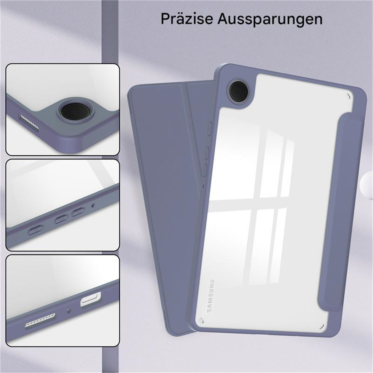 Nahaufnahme einer blauen Tablethülle, die präzise Aussparungen hervorhebt.