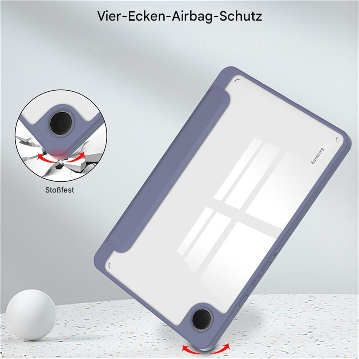Tablethülle, blau, mit durchsichtigem Rücken. Bild zeigt Fallschutz mit weißem Ball.