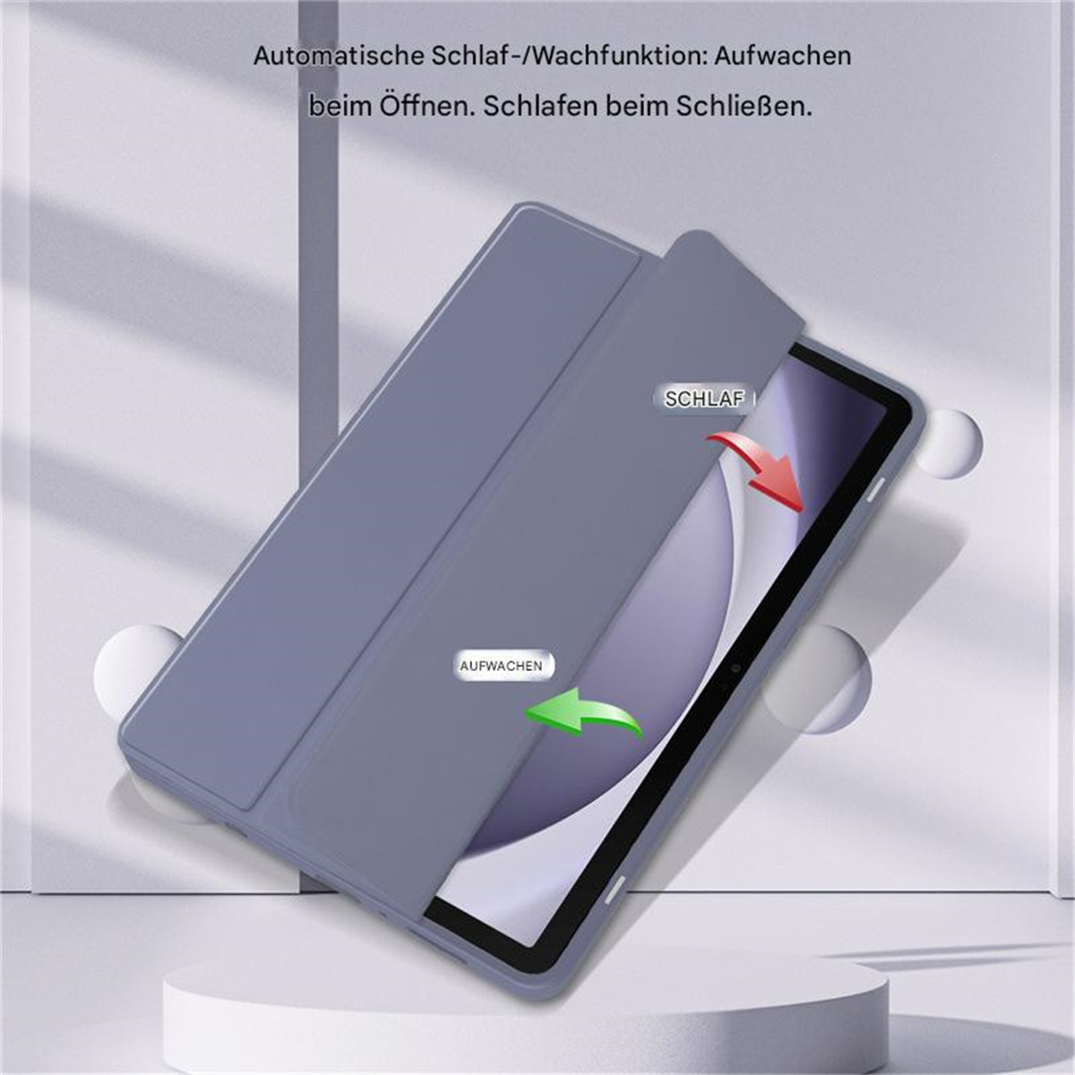 Blaue Tablethülle mit Abdeckung. Pfeile zeigen die automatische Schlaf-/Weckfunktion.