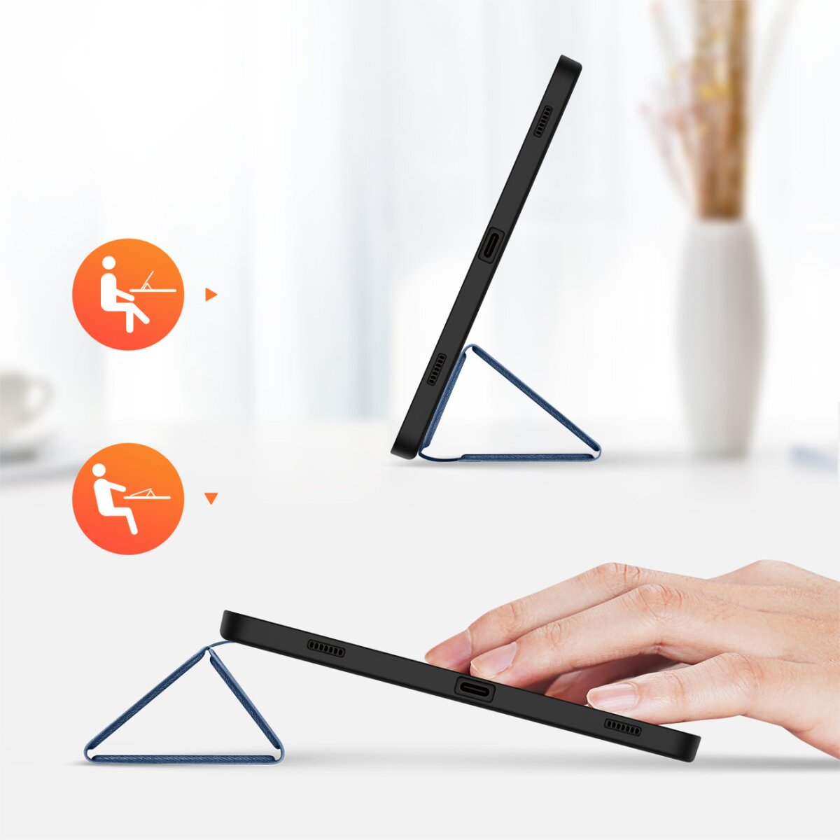 Tablet sorretto da una custodia blu. Mostra diversi angoli di utilizzo.