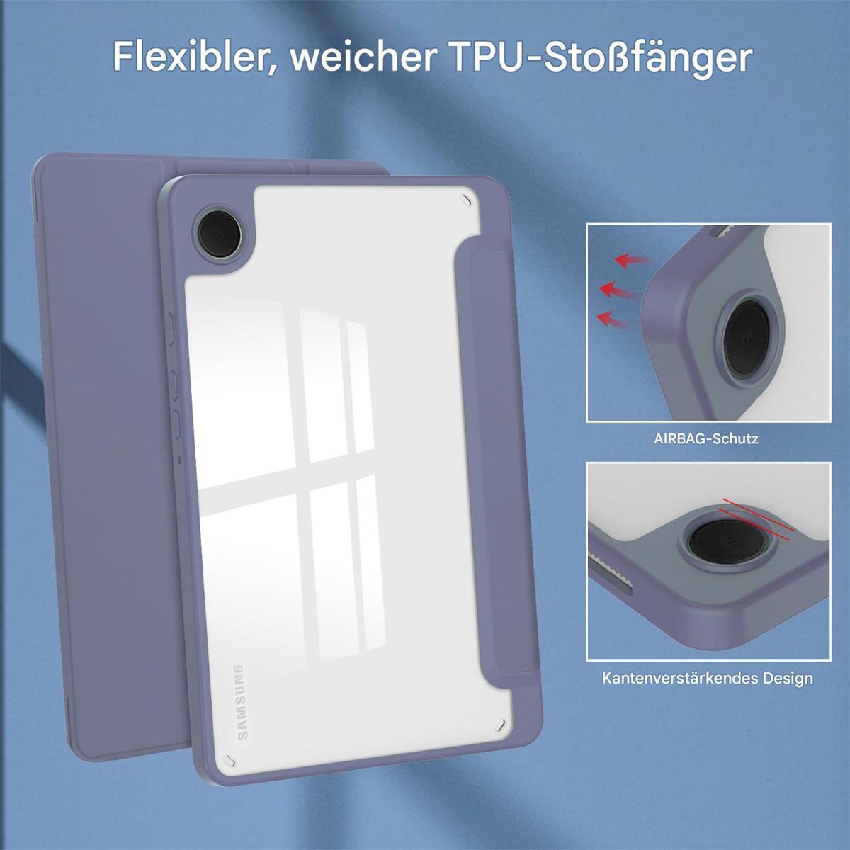 Blaue Tablethülle, Rückseite zeigend. Details zu Ecken und SAMSUNG Logo.