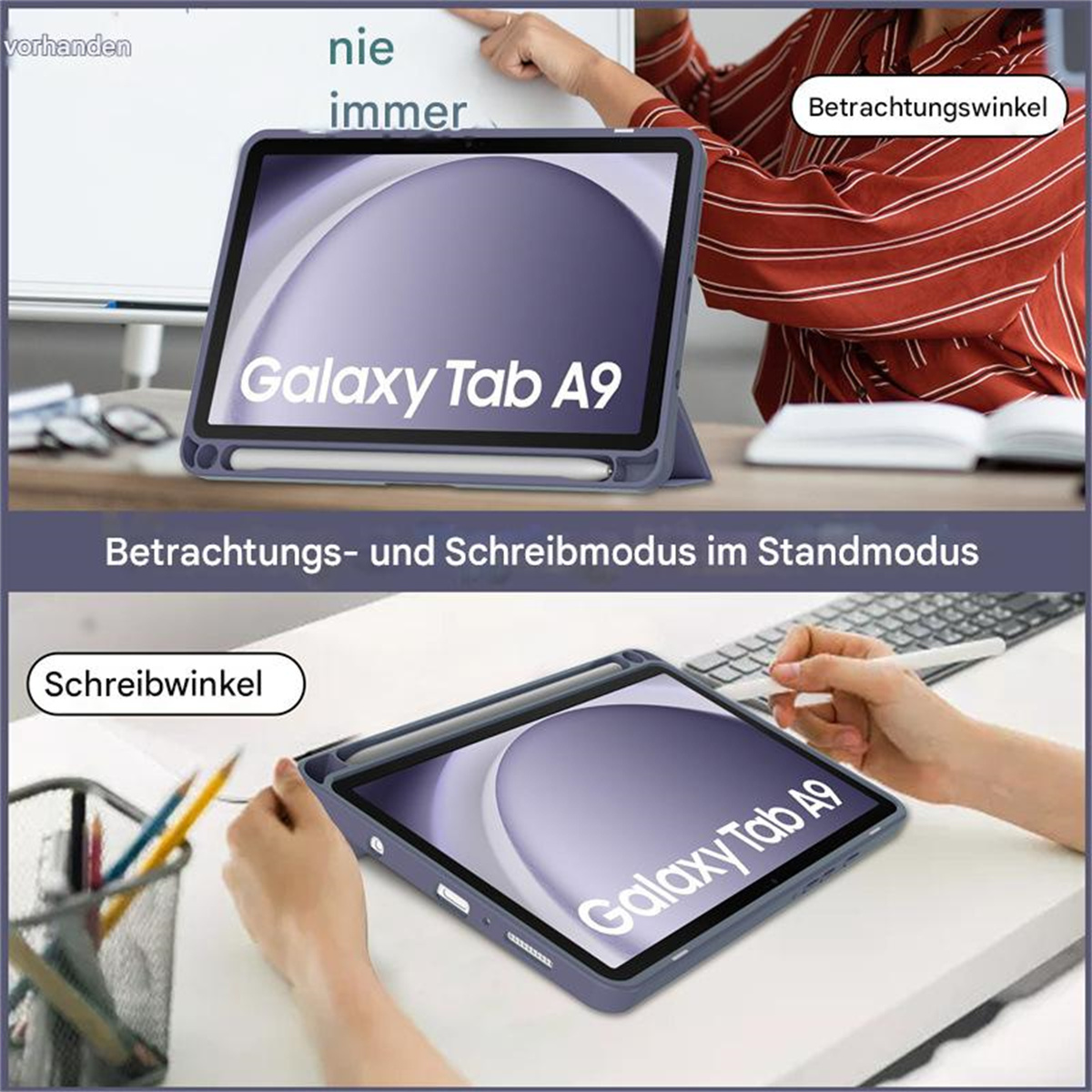 Samsung Galaxy Tab A9 in einer blauen Hülle. Zeigt das Tablet im Schreib- und Anzeigemodus.