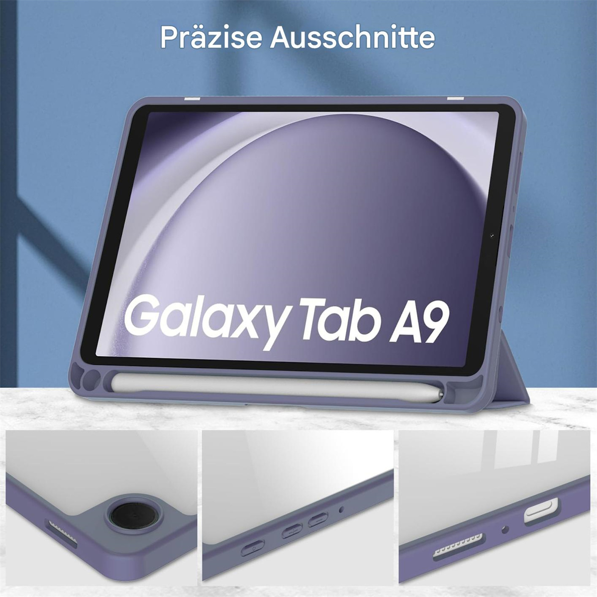 Tablet in lila Hülle, mit Galaxy Tab A9 Logo und Stift. Detailaufnahmen von Anschlüssen.