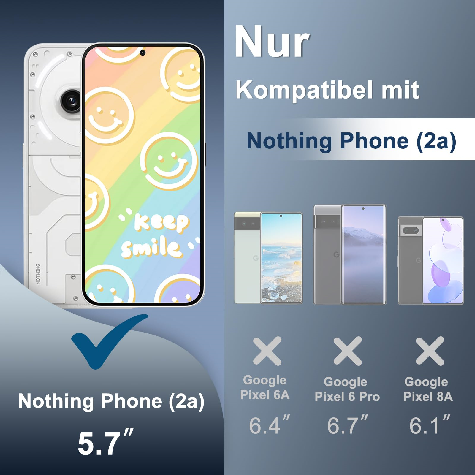 Nothing Phone (2a) mit Regenbogen-Smiley-Wallpaper, kompatibel mit Google Pixel.