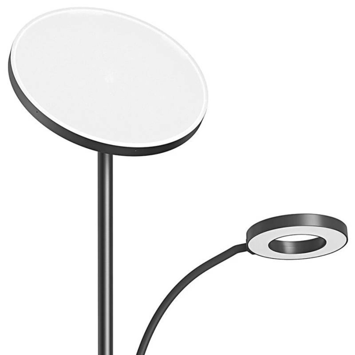 Schwarz-weiße Stehlampe mit zwei Leuchten, eine rund und eine oval geformt.