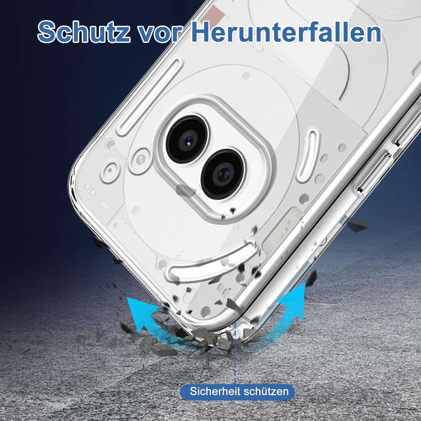 Transparente Handyhülle schützt das Telefon vor Beschädigungen. Pfeile zeigen Schutz.