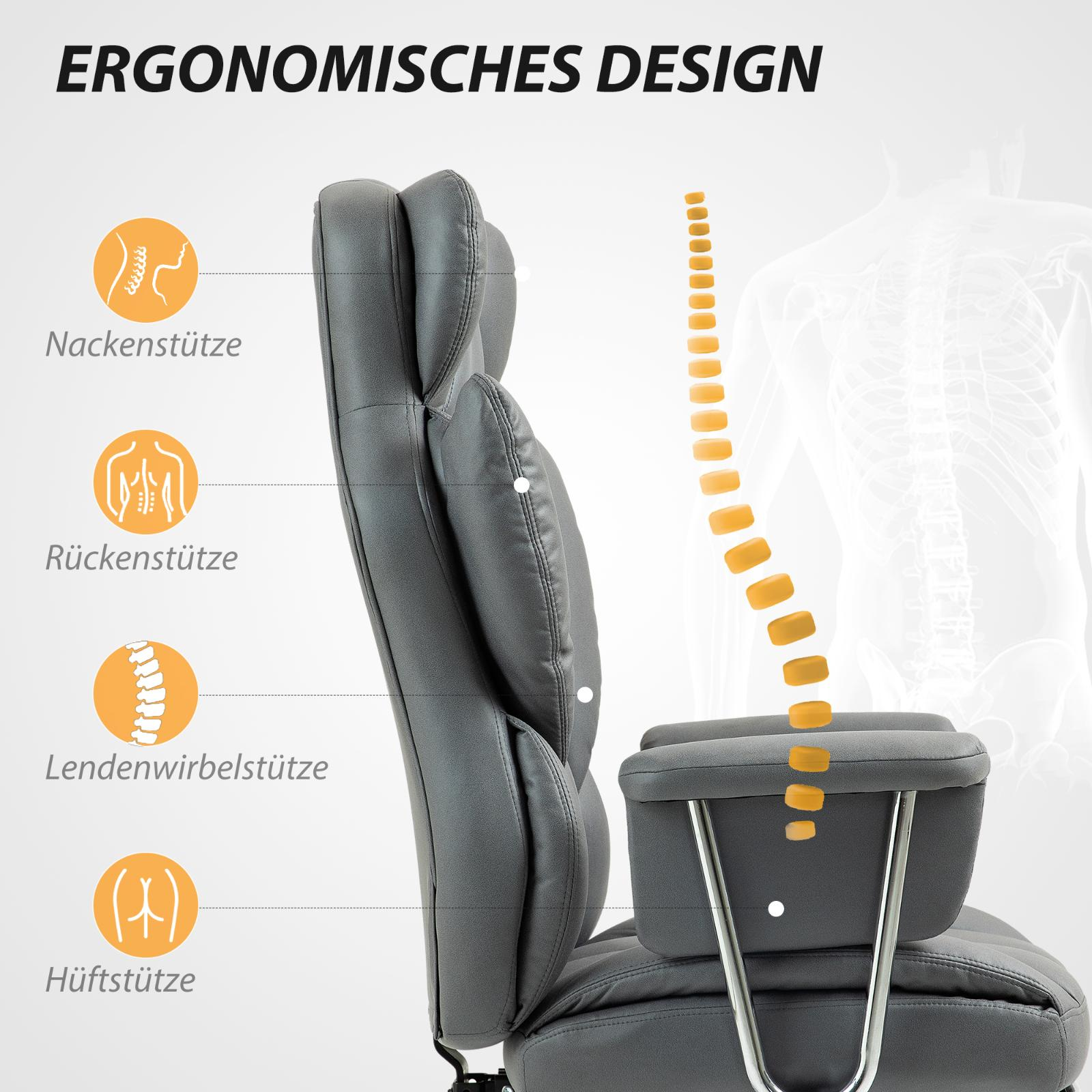 Ergonomisches Stuhldesign-Diagramm, das Nacken-, Rücken-, Lenden- und Hüftstütze zeigt.