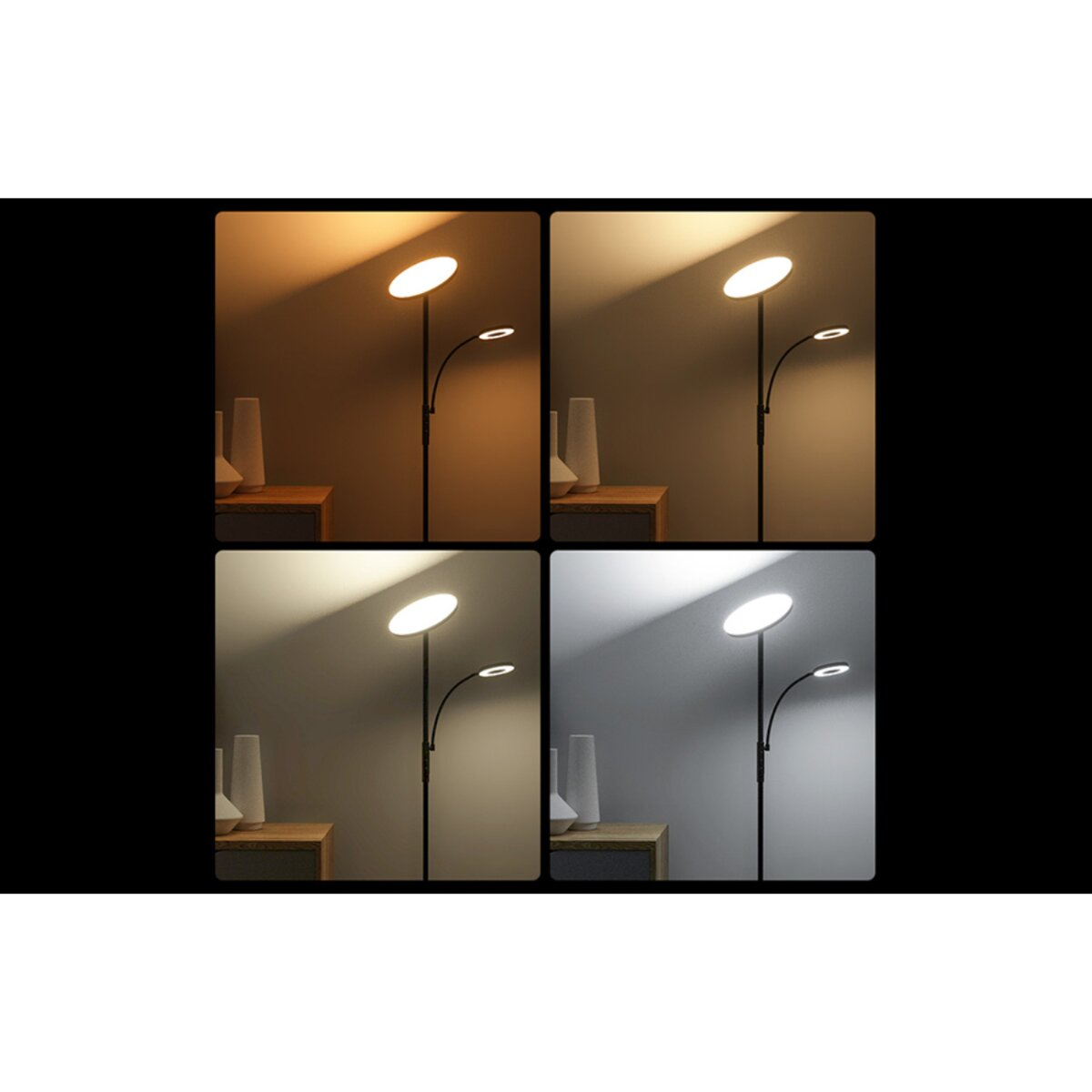 Vier Bilder, die verschiedene Lichteinstellungen einer Lampe zeigen: warm, neutral, kühl und hell.