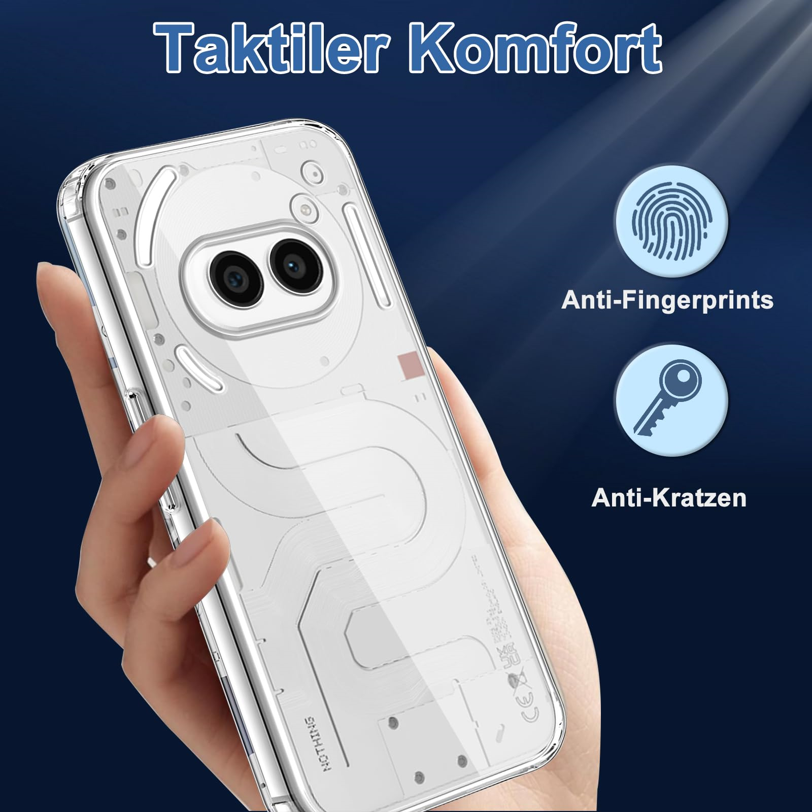 Hand hält transparente Handyhülle. Eigenschaften: Anti-Fingerabdrücke, Anti-Kratzer, taktilem Komfort.
