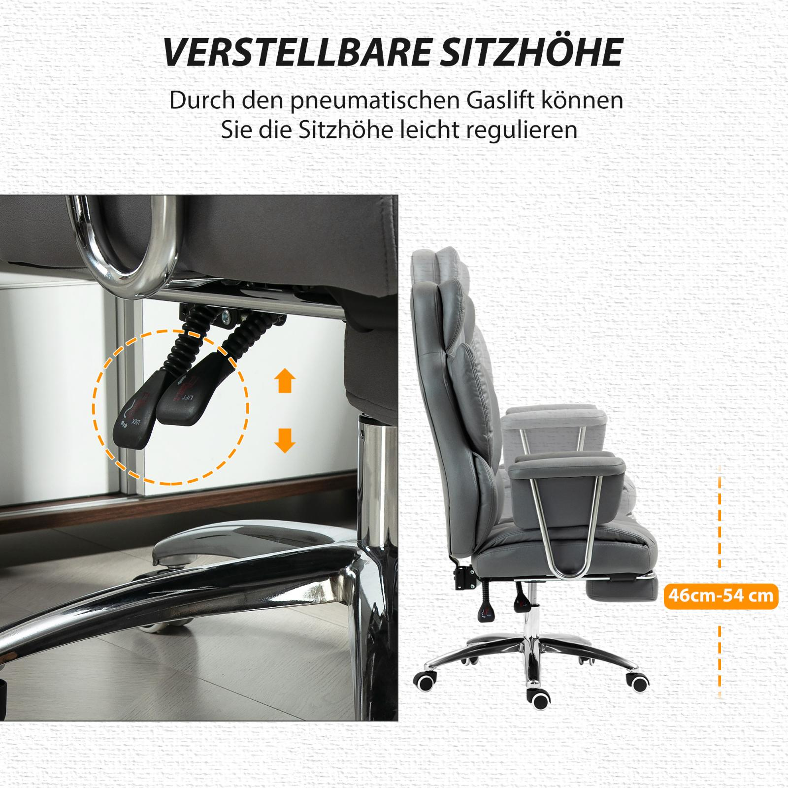 Grauer Bürostuhl mit verstellbarer Höhe, Hebel und Bereich von 46 cm bis 54 cm.