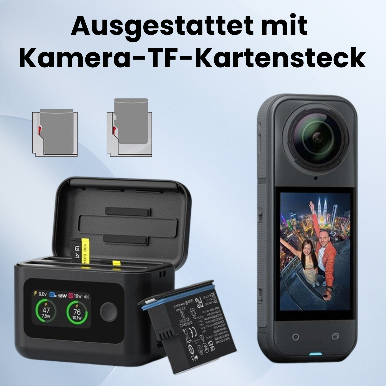Eine schwarze Action-Kamera, eine Ladestation mit Akku und ein kleines Display. Illustrationen sind oben.