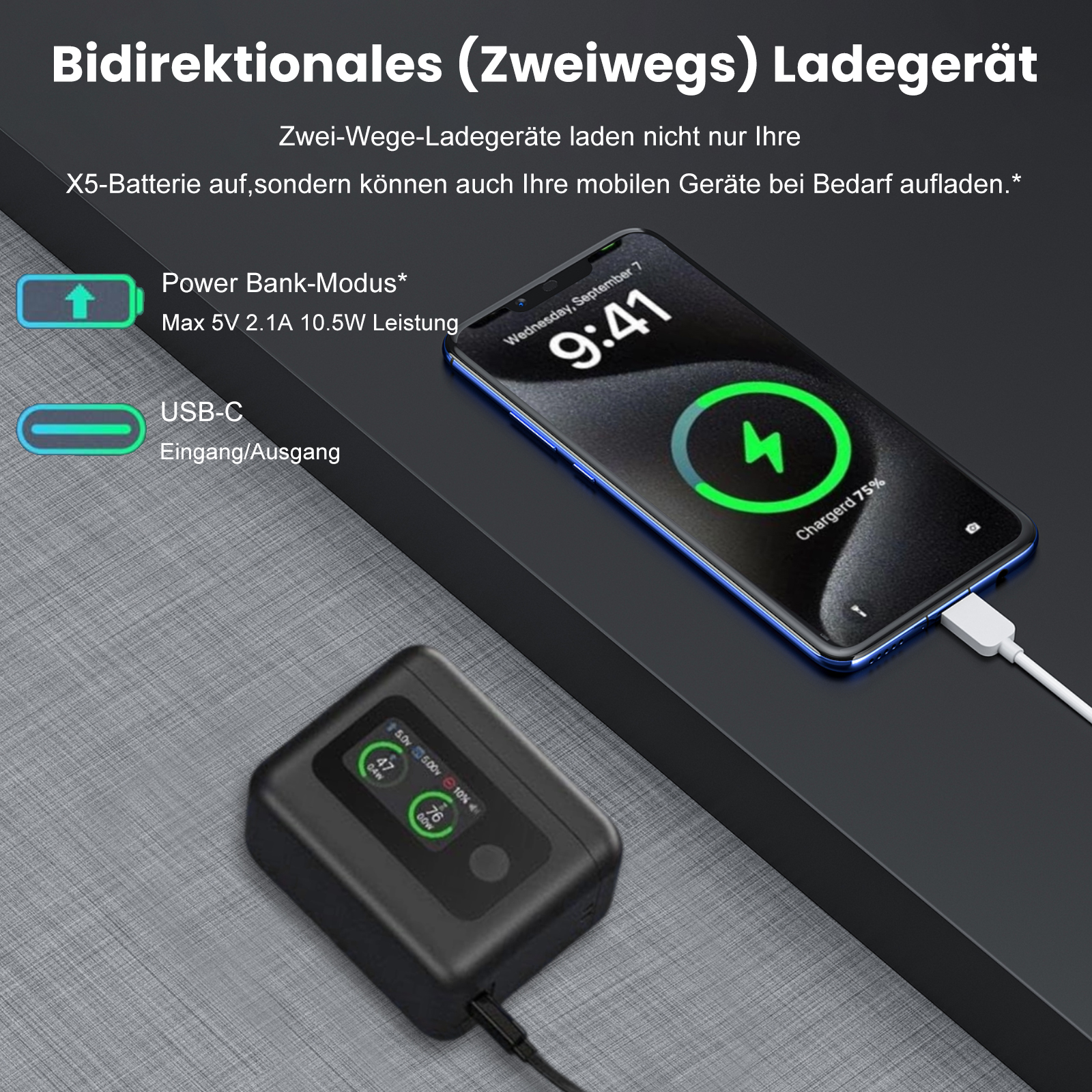 Ein Telefon wird geladen, mit einer Powerbank und einem USB-C-Kabel. Text auf dem Bild enthält Ladeinformationen.