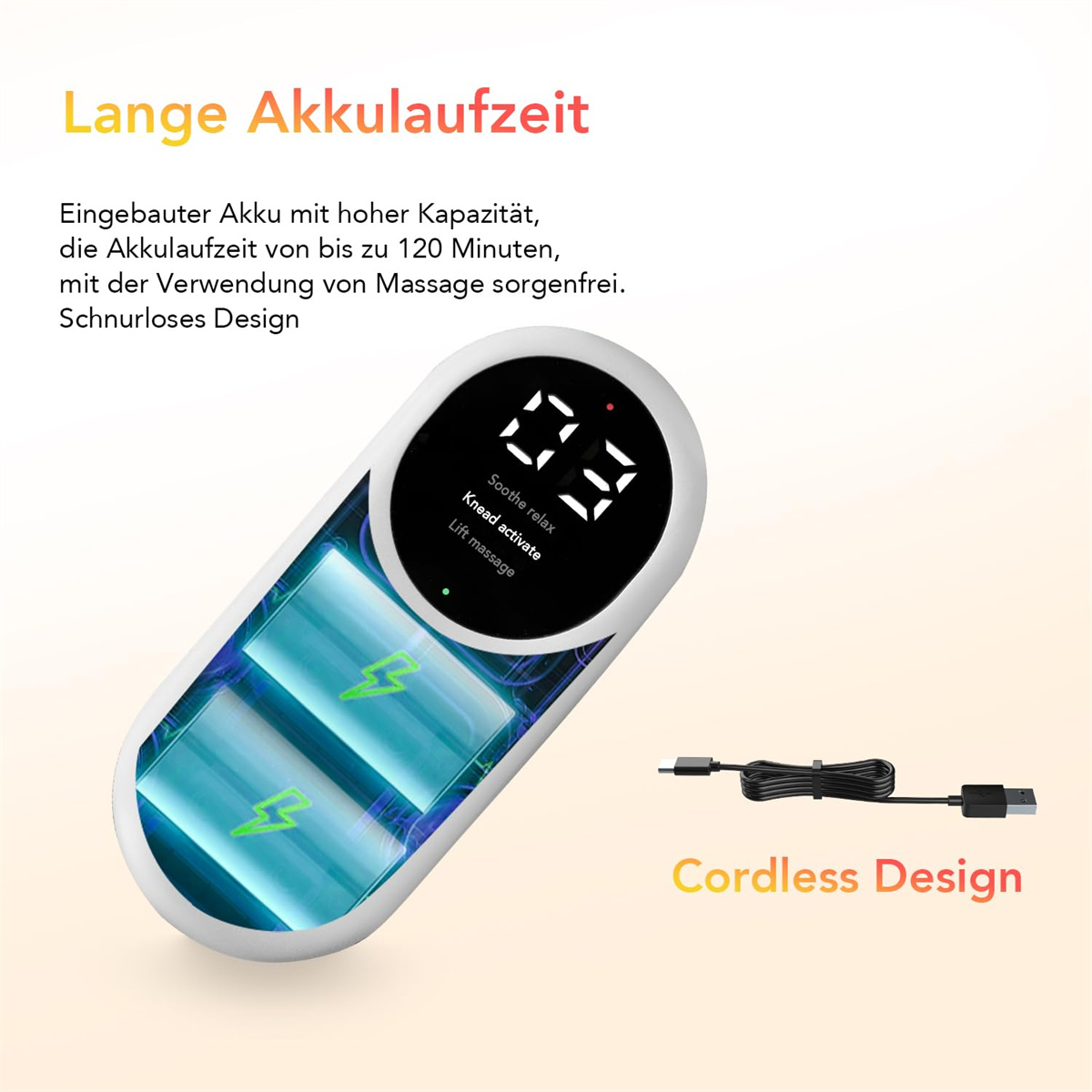Ein weißes Gerät mit einem Display und zwei Batteriesymbolen. Es wird geladen, mit einem schwarzen Kabel daneben.