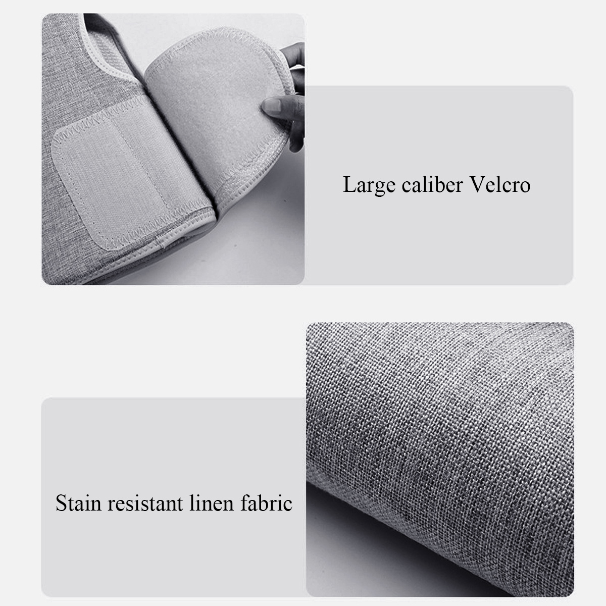 Nahaufnahme einer Beinbandage, die Klettverschluss- und Stoffdetails zeigt. Fokus auf schmutzabweisendem Leinenstoff.