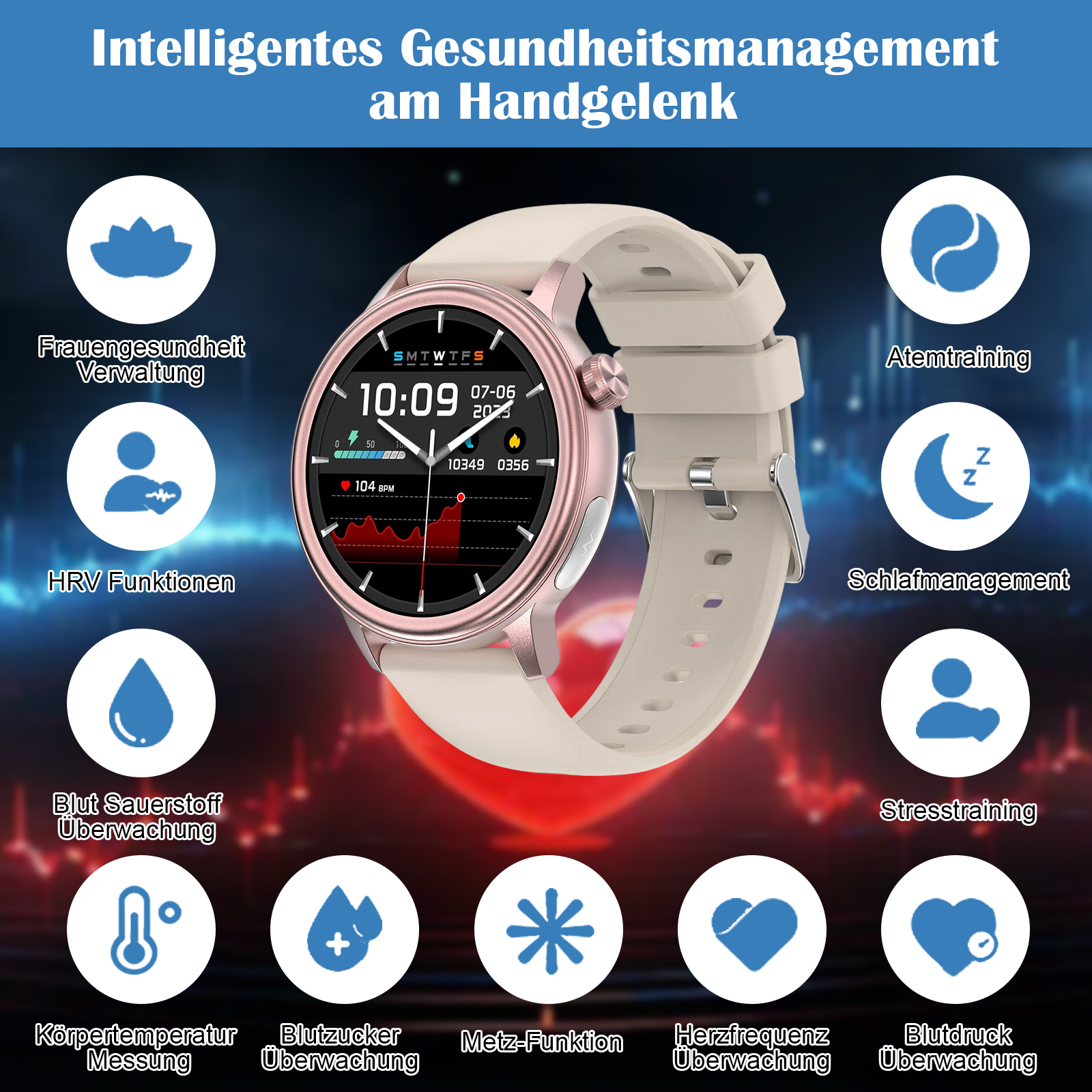 Smartwatch, roségold, beiges Armband, zeigt die Zeit und Gesundheitsmetriken.