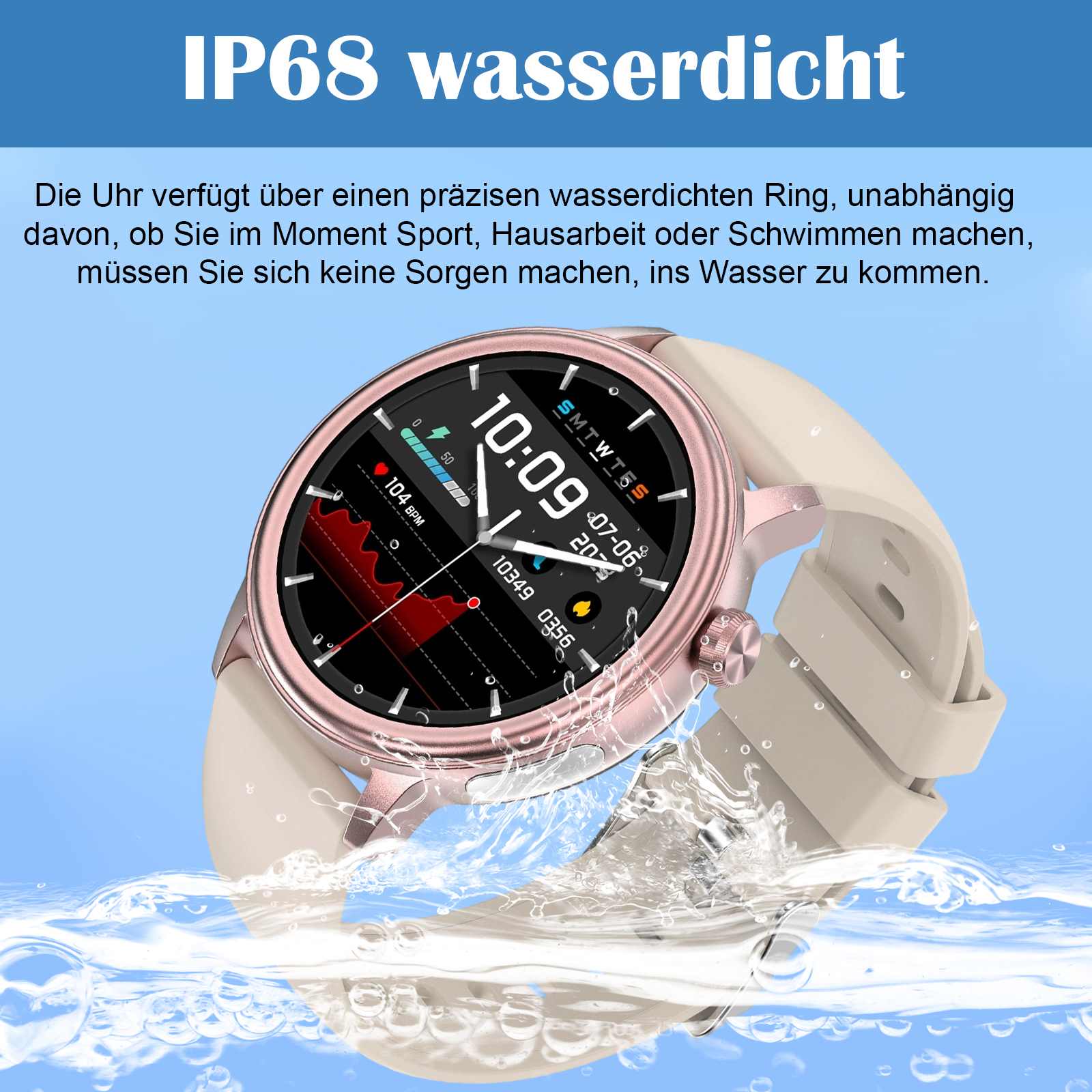 Smartwatch im Wasser, roségold, beiges Armband, zeigt die Zeit, wasserdicht.