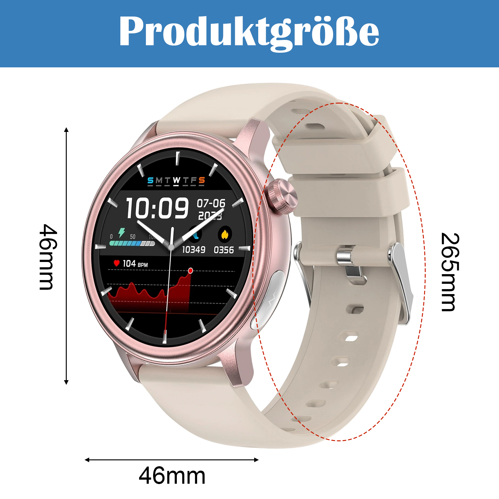 Smartwatch-Abmessungen: 46mm breit, 265mm Riemenlänge, roségold, beiges Armband.