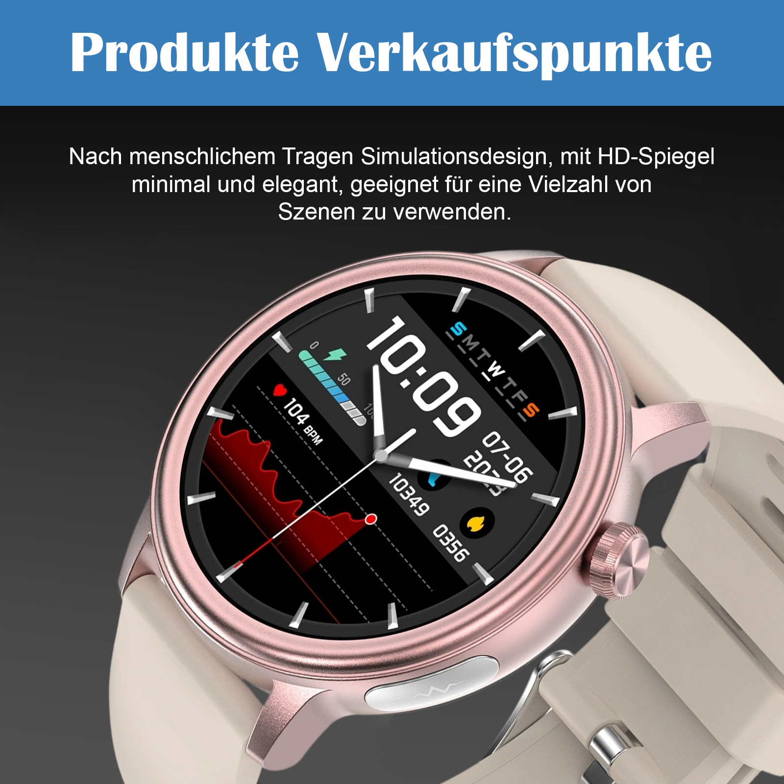 Smartwatch, roségold, beiges Armband, zeigt die Zeit. Nahaufnahme des Zifferblatts.