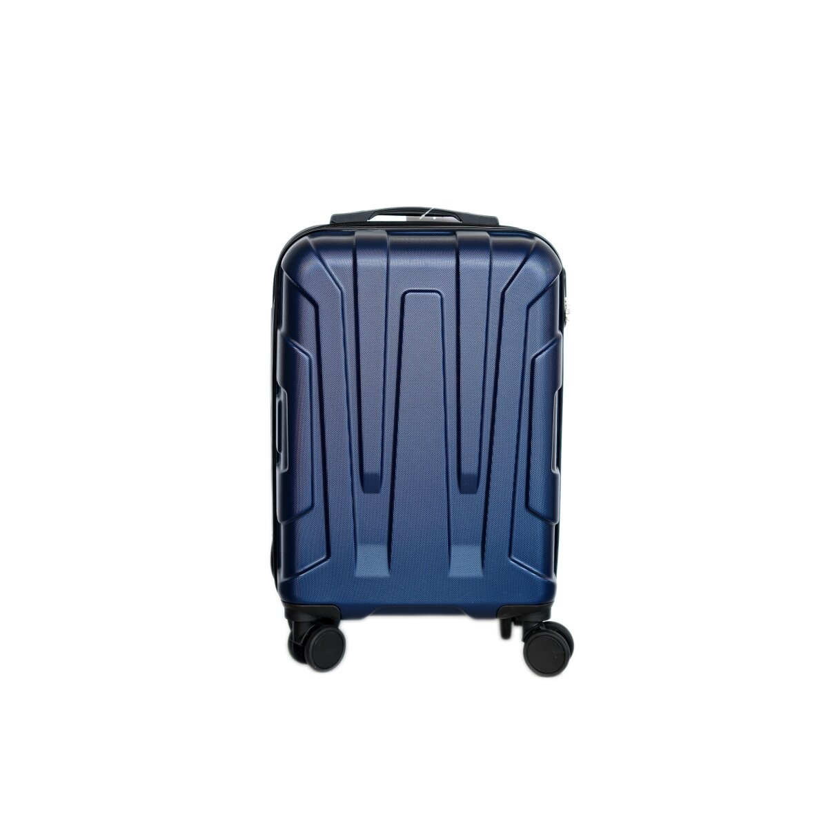 Blauer Koffer auf Rädern vor weißem Hintergrund, Seitenansicht.