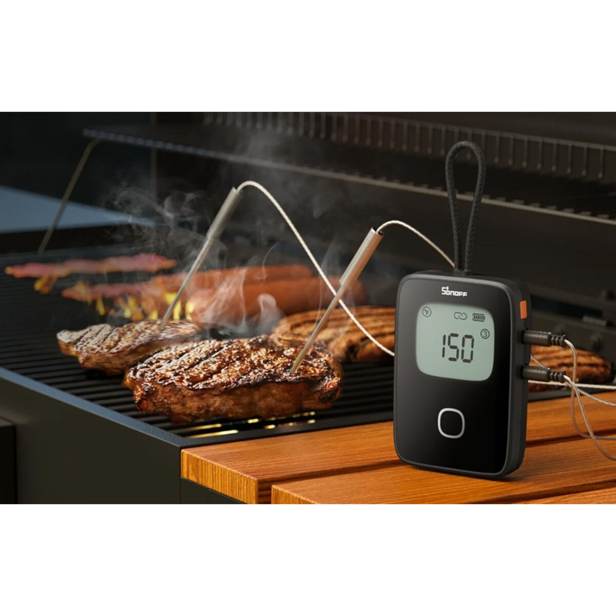 Steki na grillu, termometr, wyświetlacz cyfrowy 150 stopni, dym.