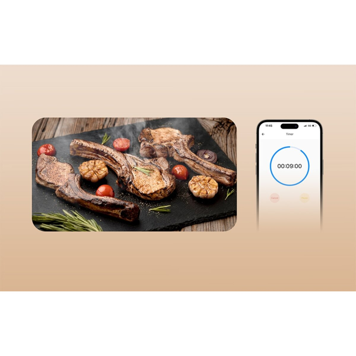 Gotowane kotlety jagnięce z czosnkiem i pomidorami na czarnym talerzu, telefon.