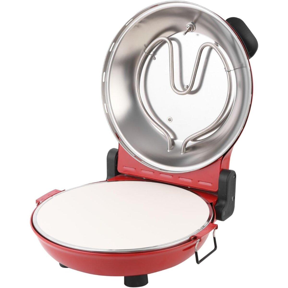 Ein roter Pizzaofen mit offenem Deckel, der das Heizelement und einen Pizzastein zeigt.