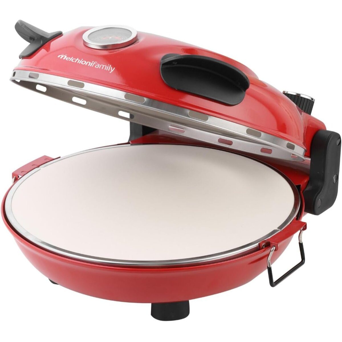 Roter Pizzaofen mit geöffnetem Deckel. Eine weiße Stein-Pizzaunterlage befindet sich im Inneren.