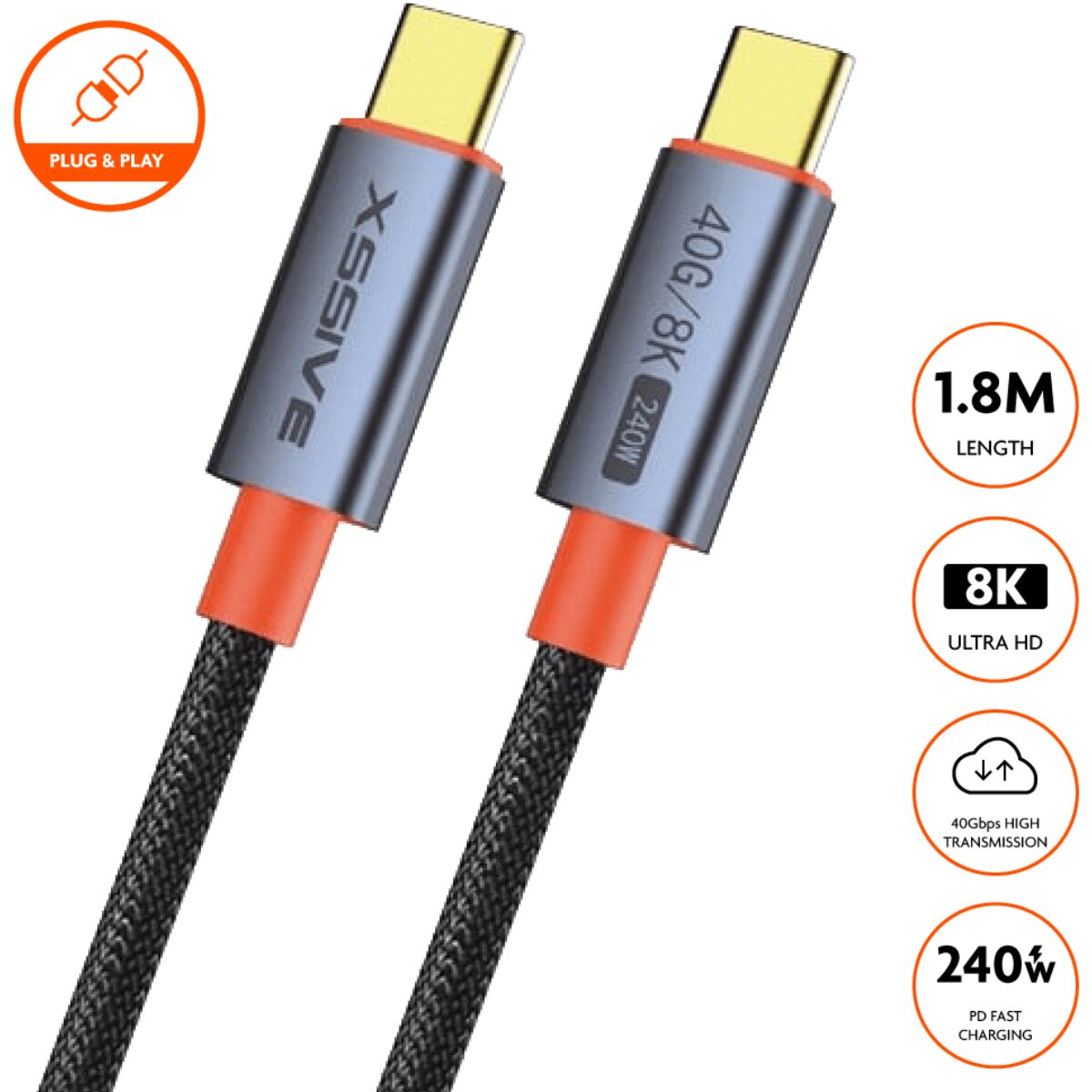 Zwei USB-C-Kabel mit grauen und orangefarbenen Steckern. Auf dem linken steht XSSIVE.