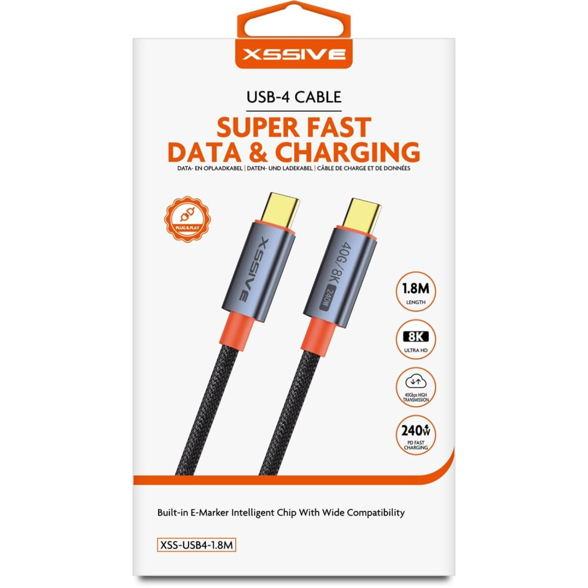Eine USB-4-Kabelverpackung mit zwei Kabeln im Inneren und zusätzlichen Produktinformationen.