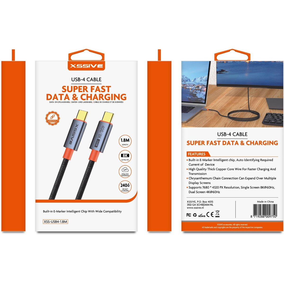 USB-4-Kabelverpackung mit zwei Kabeln innen. Informationen zum Produkt und den Funktionen sind vorhanden.