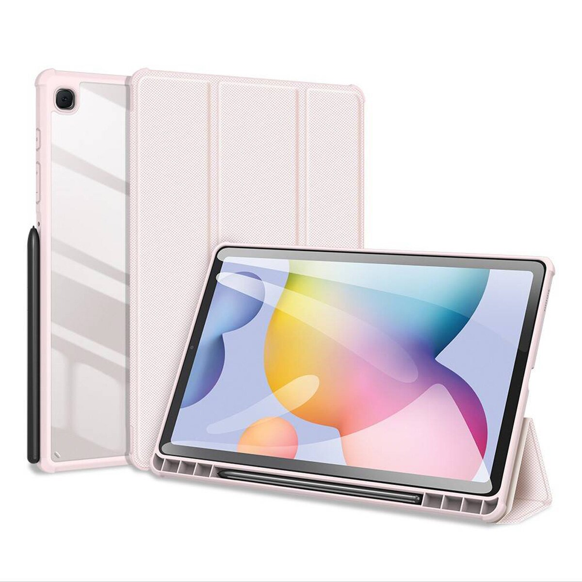 Un tablet rosa con custodia e pennino. Altre due custodie sono dietro il tablet.