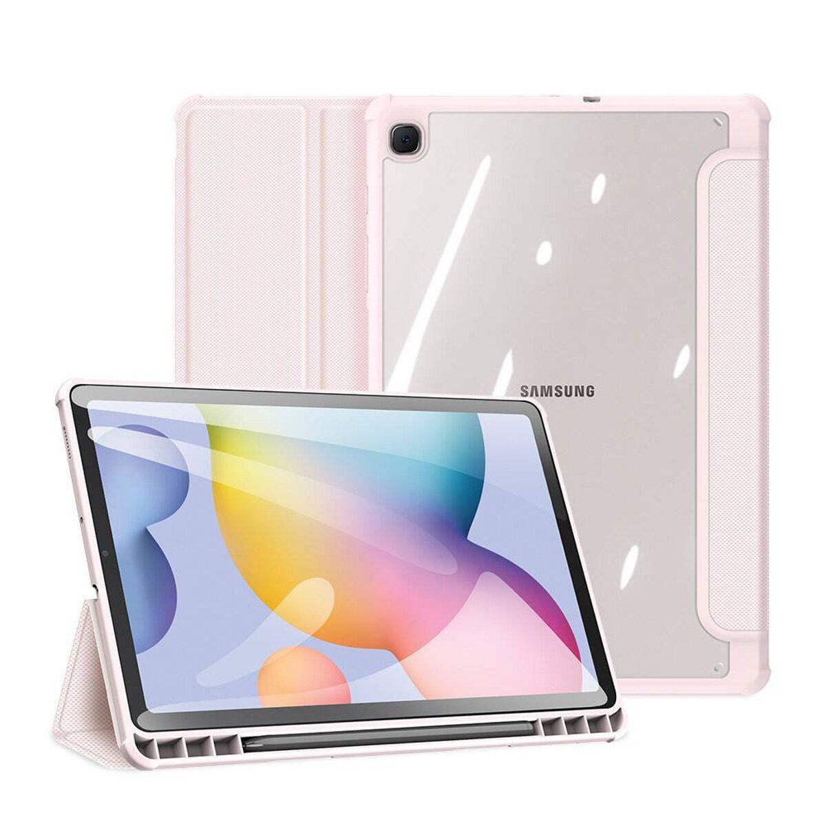 Tablet rosa con custodia, su sfondo bianco. Logo Samsung visibile sul tablet.