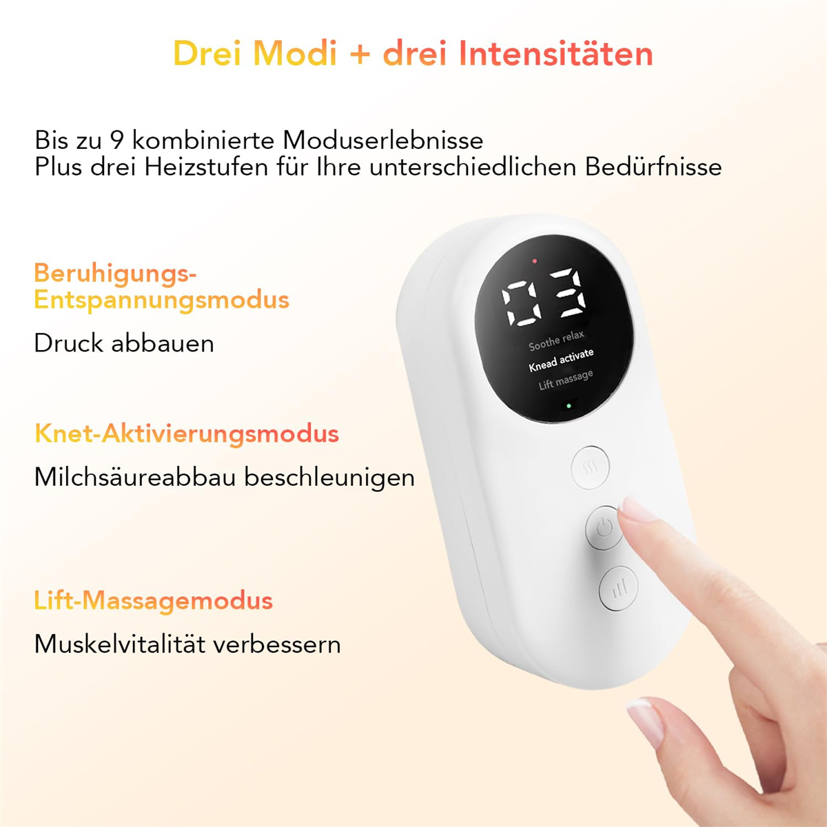 Hand drückt Knöpfe auf weißem Gerät. Text beschreibt Modi und Intensitäten. Digitalanzeige zeigt Einstellungen.