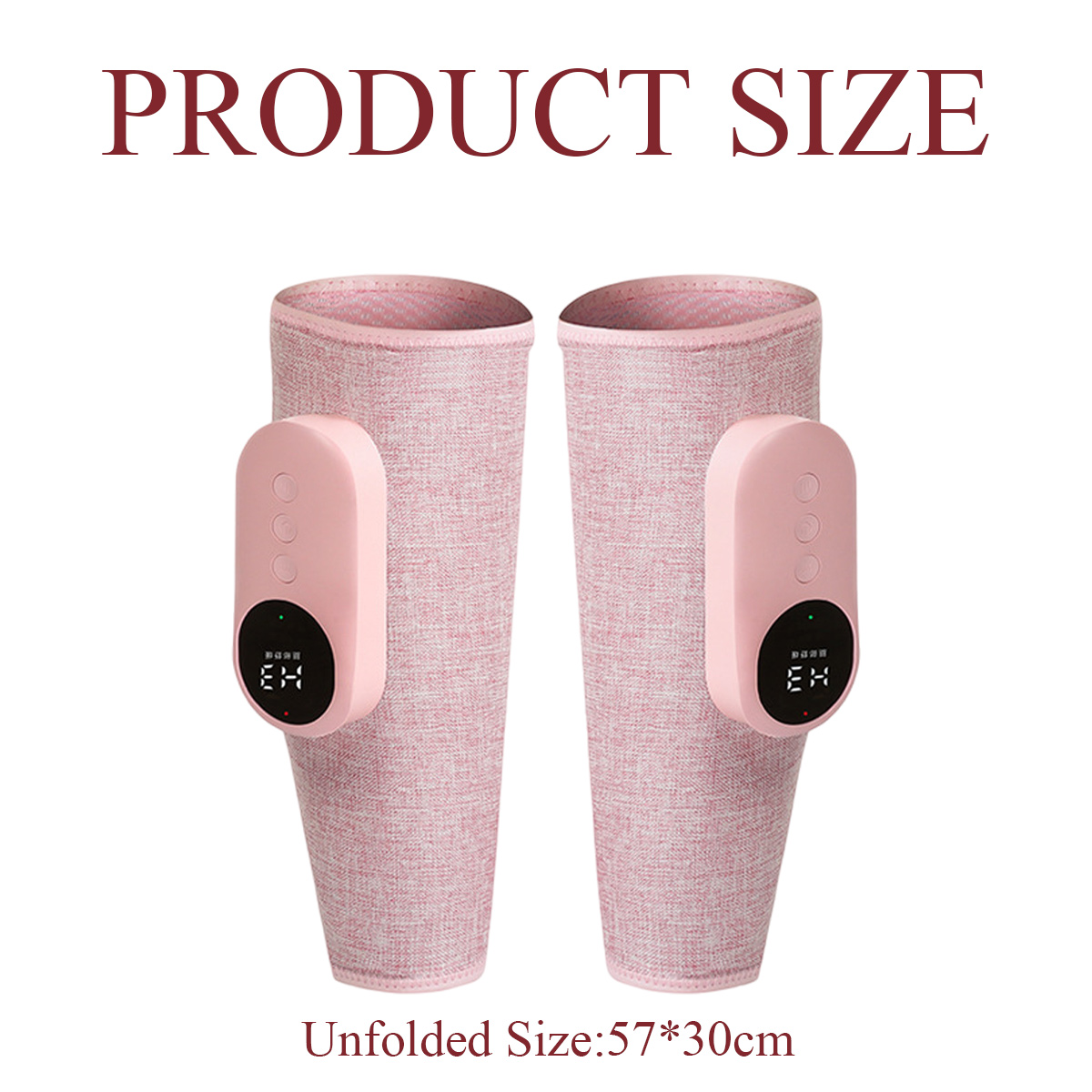 Zwei rosa Knie-Massagegeräte mit Bedienfeldern. Text: Produktgröße und ausgeklappte Größe: 57*30cm.