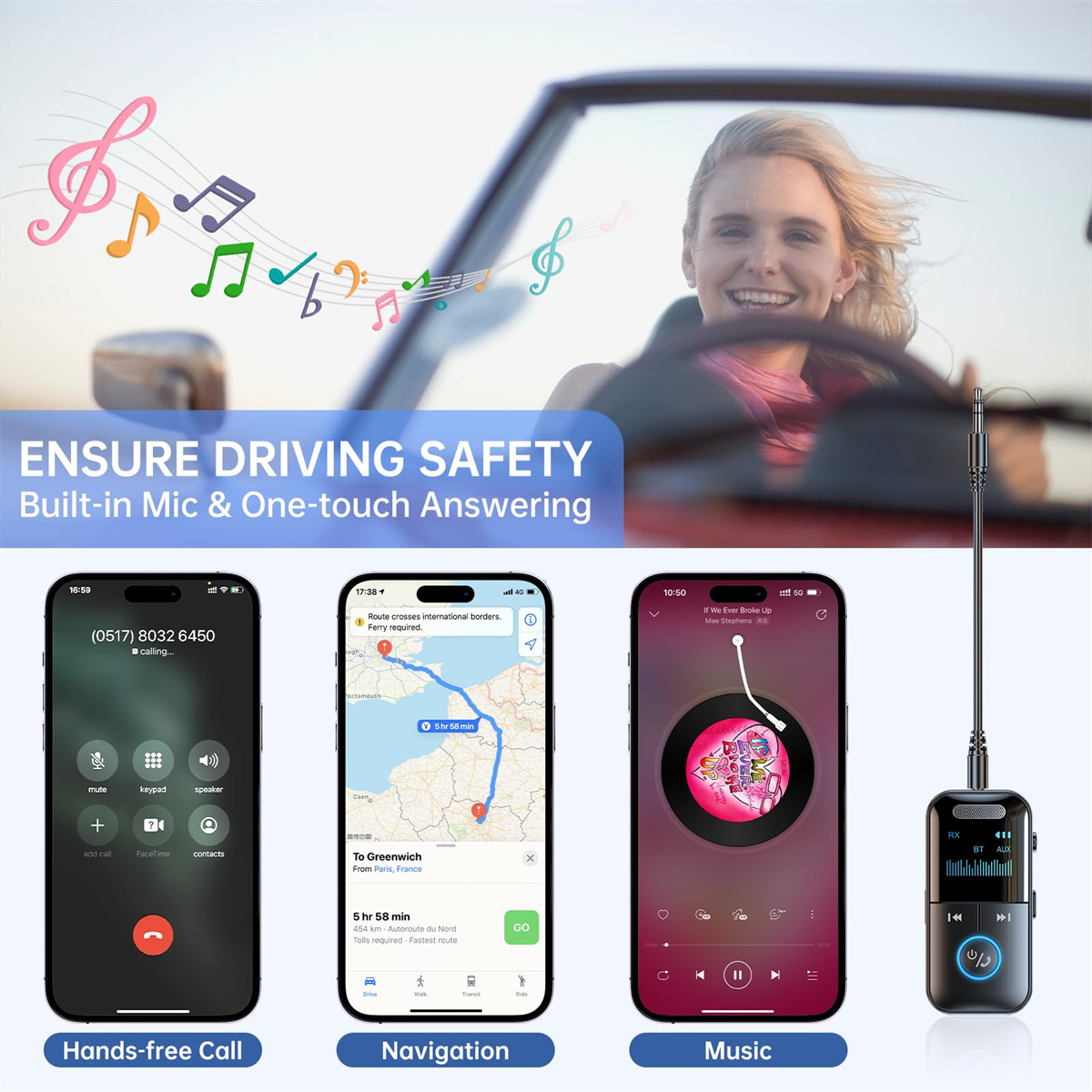 Frau fährt Auto, nutzt Freisprechanruf, Navigation und Musik. Drei Telefone und ein Bluetooth-Gerät werden gezeigt.
