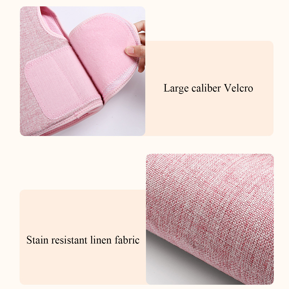 Nahaufnahmen einer rosa, verstellbaren Bandage. Eine zeigt Klettverschluss, eine den Stoff. Text auf dem Stoff.
