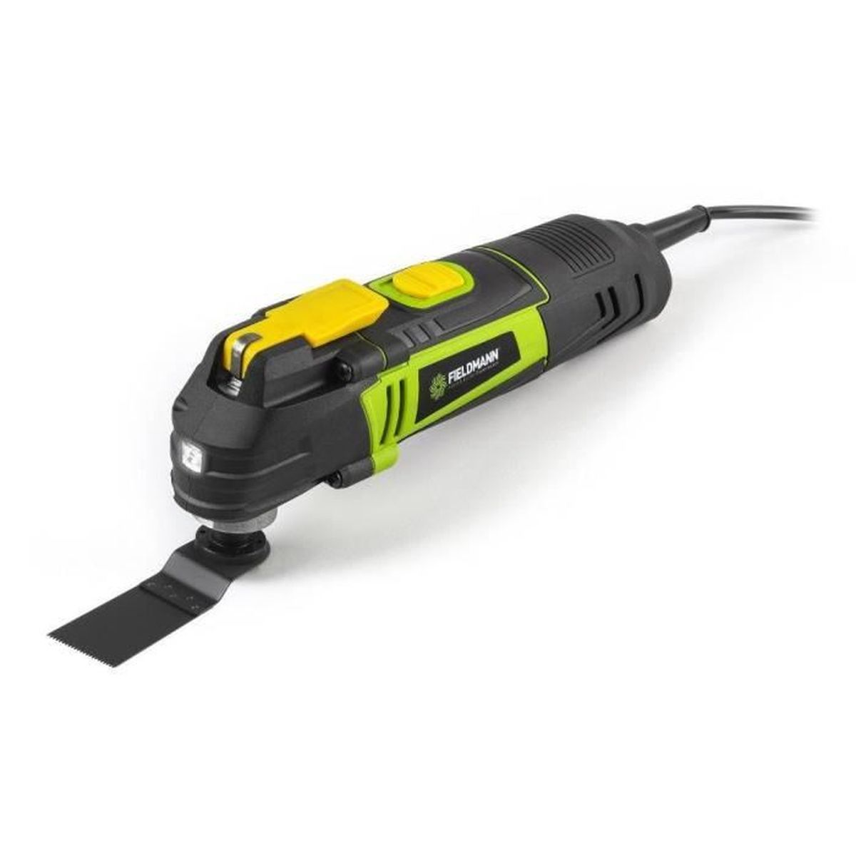 Ein schwarz-gelbes Multitool. Es hat eine Klinge angebracht. Es hat ein Fieldmann-Logo an der Seite.