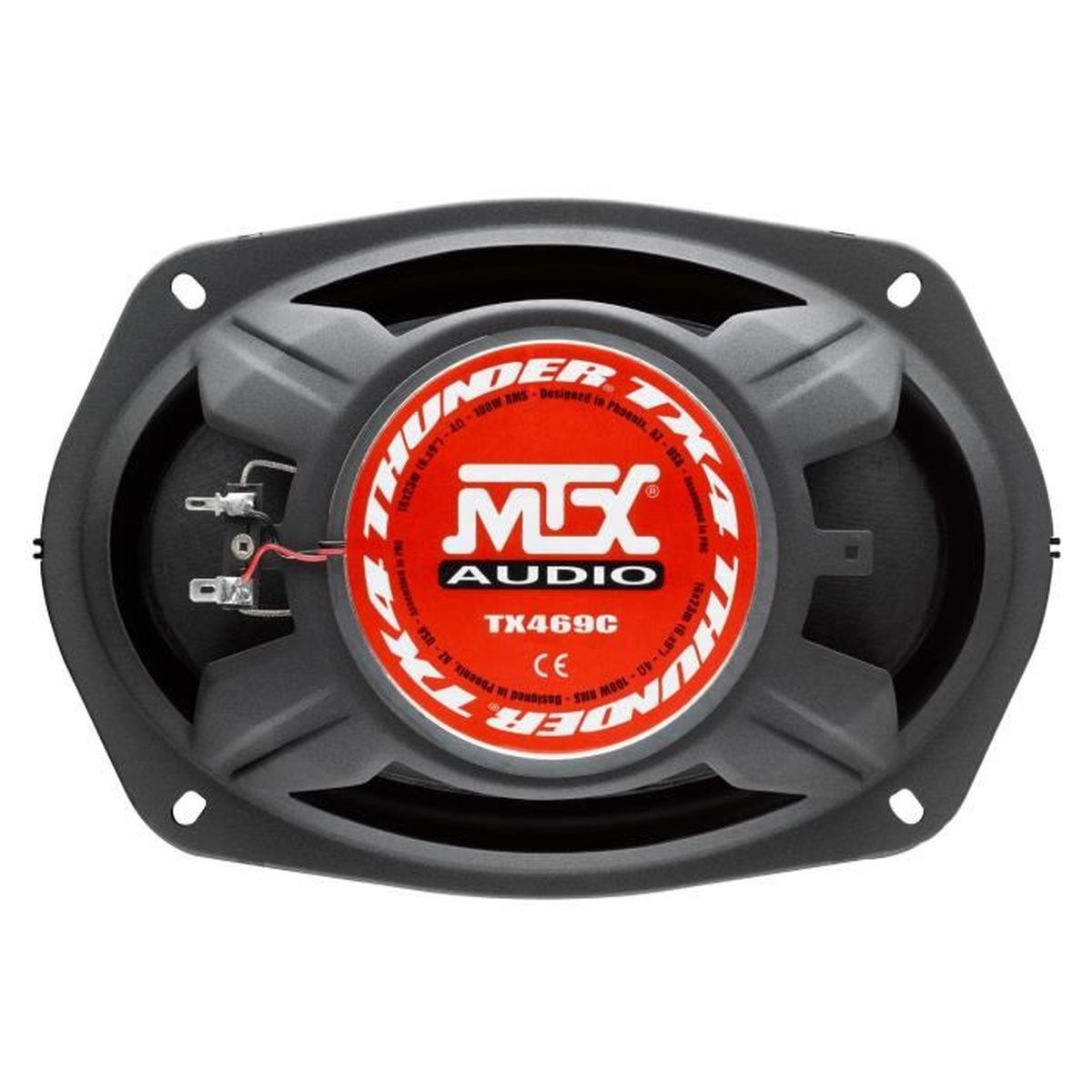 Ein Autolautsprecher, schwarz, mit einem roten MTX-Logo in der Mitte. Der Lautsprecher ist oval.