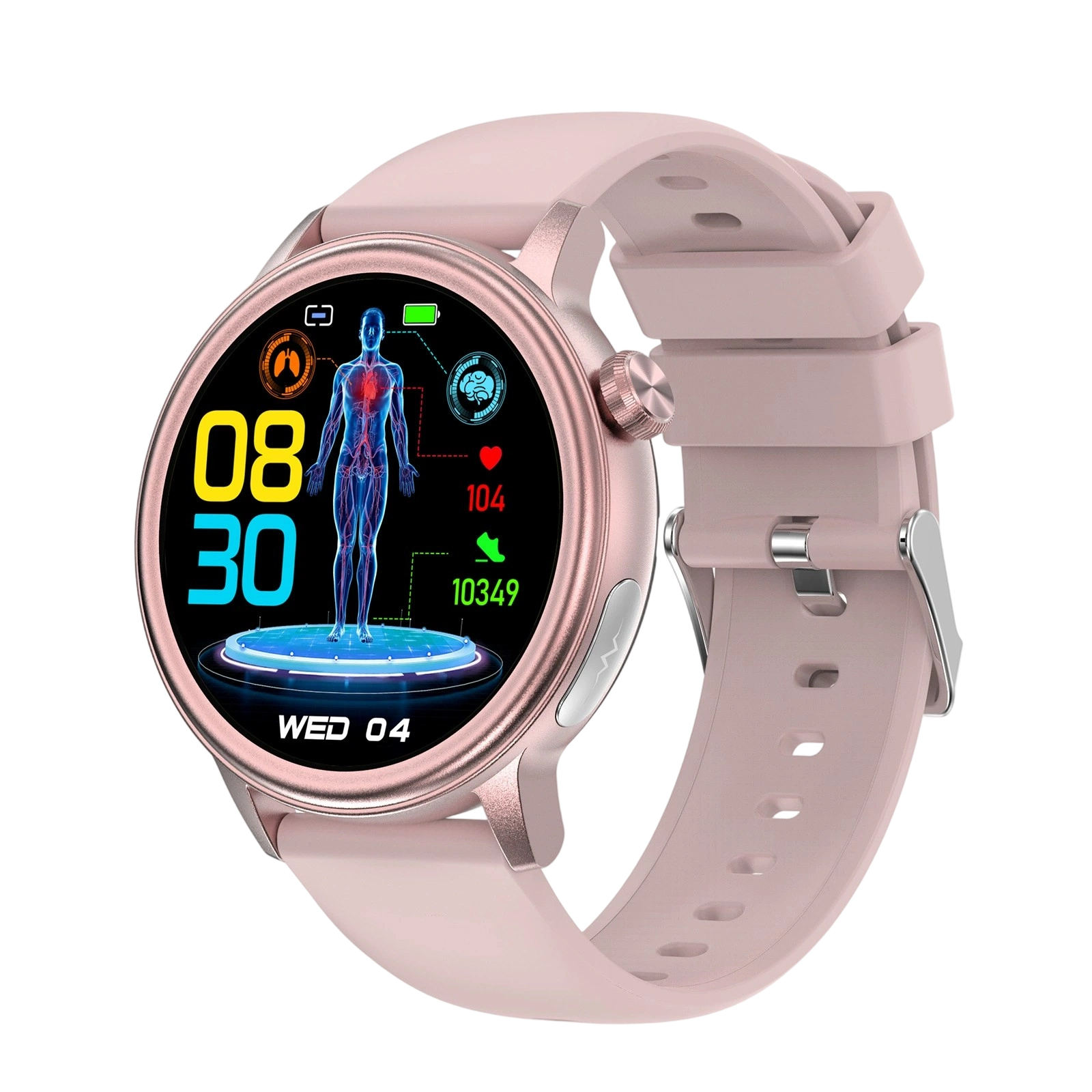 Eine roségoldene Smartwatch mit pinkfarbenem Armband, die Zeit und Gesundheitsmetriken anzeigt, isoliert auf Weiß.