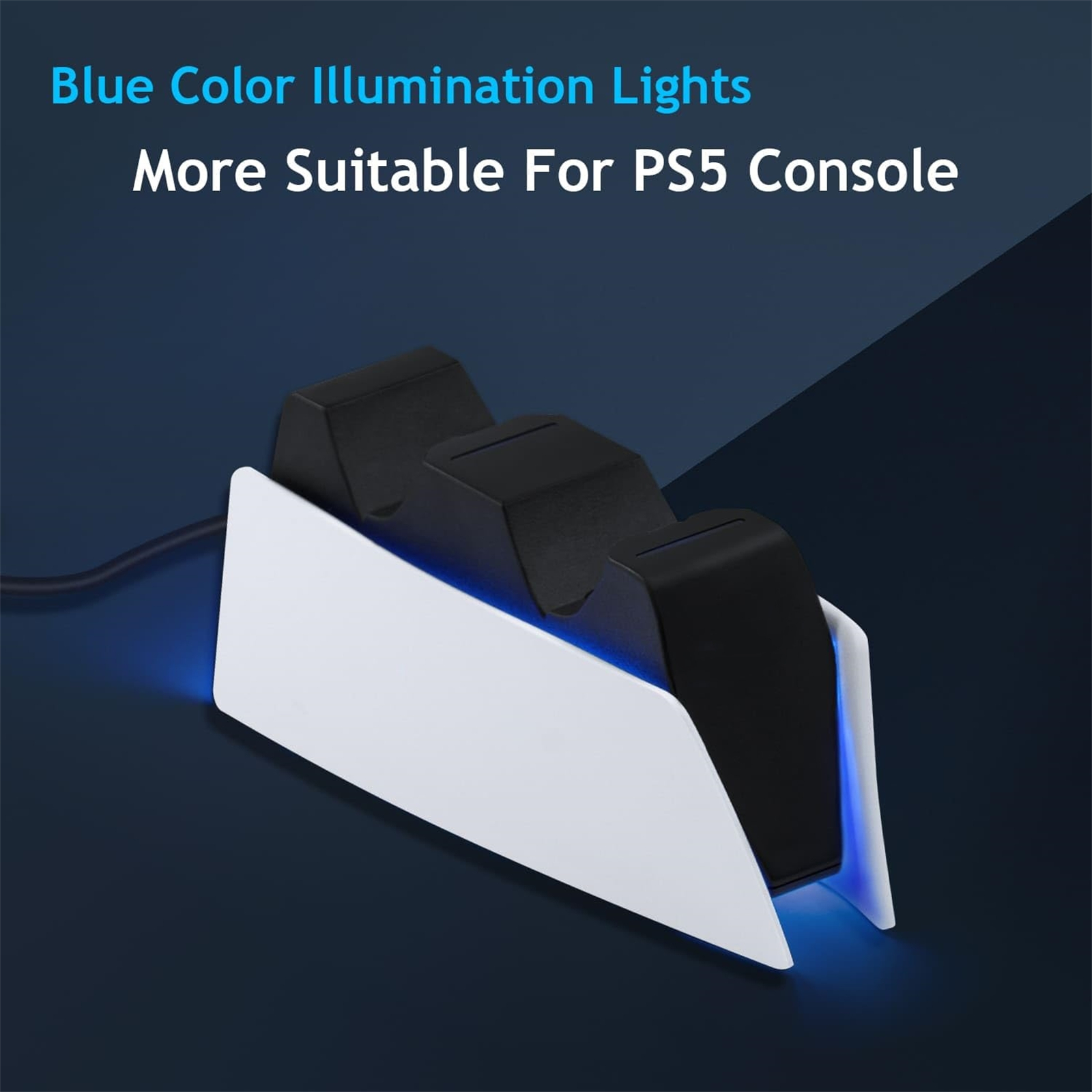 Schwarz-weiß PS5-Controller-Ladegerät mit blauen Lichtern, auf dunkler Oberfläche, mit Textüberlagerung.