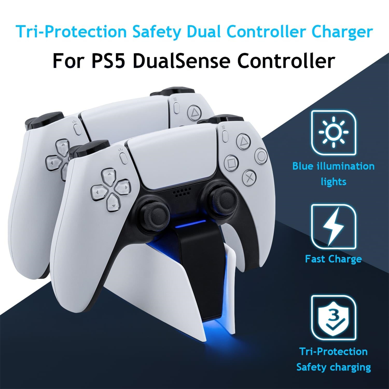 Weißes Dual-Controller-Ladegerät für PS5, mit blauer Beleuchtung, Schnellladung und Sicherheitsfunktionen.