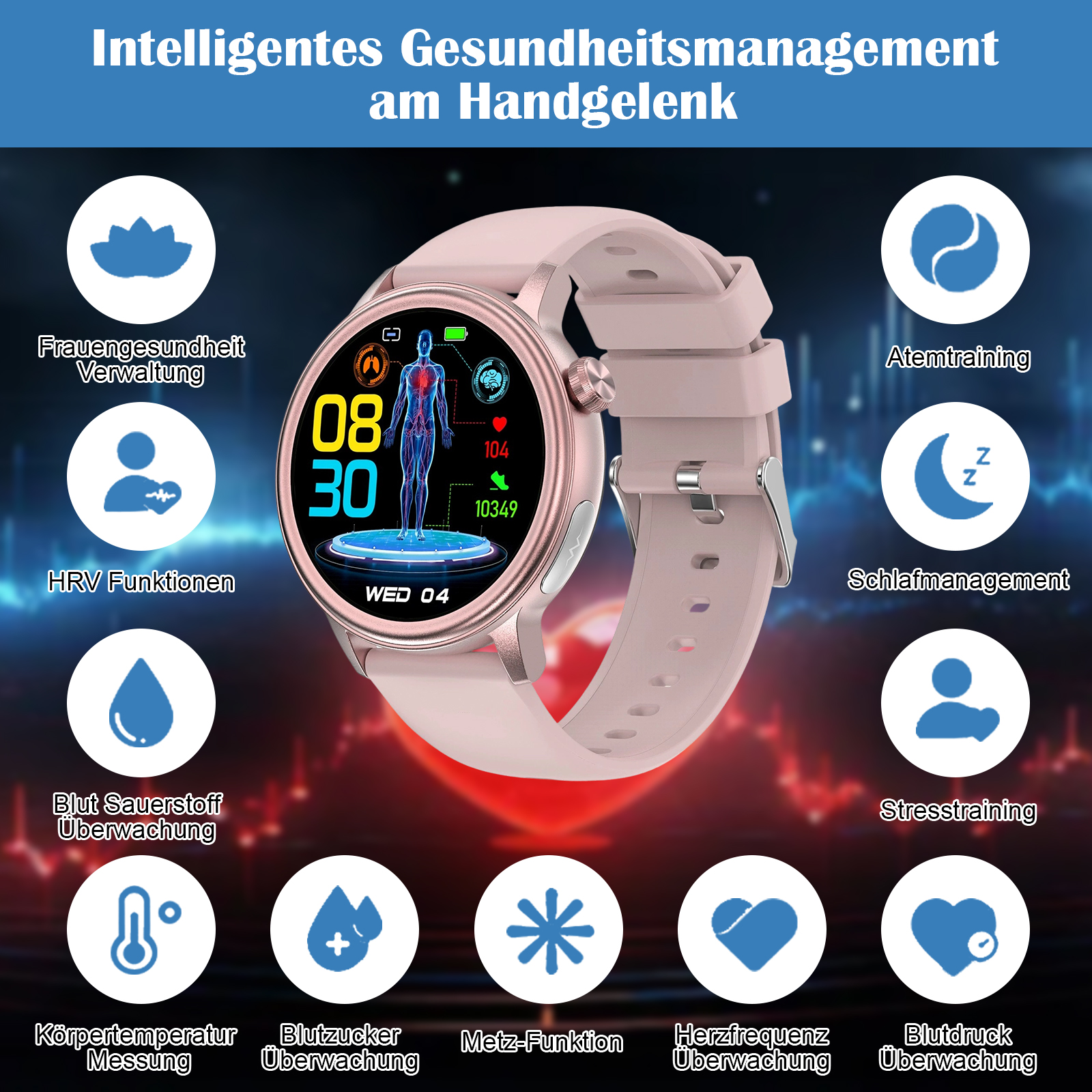 Eine rosa Smartwatch zeigt Gesundheitsmetriken an. Symbole umgeben sie und weisen auf verschiedene Gesundheitsfunktionen hin.